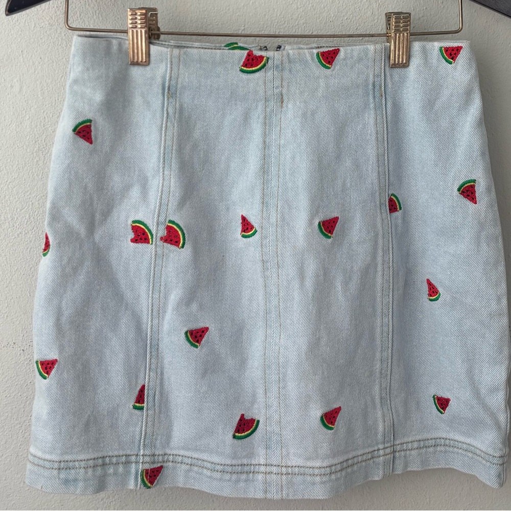 Watermelon Embroidered Denim Skirt XS • Summer Mini Festival Outfit